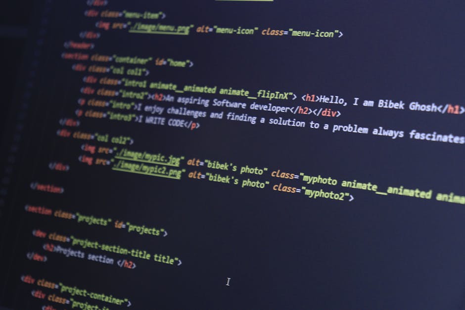 A computer screen displaying lines of HTML code within a dark editing environment. The code includes elements such as doctype declaration, html, head, meta tags for charset and viewport, and a title l
